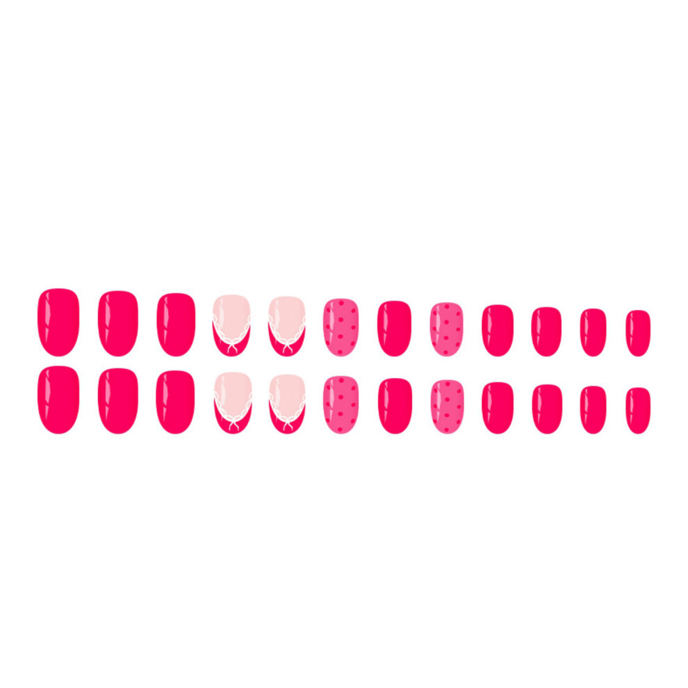 Red 24Piece Rose French Tip Polkas Dot False Nail With Bows