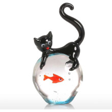 Glasskulptur Dekorativ Figur Djurskulptur Tillverkad Av Glas Katt Och Guldfisk Handgjord_M