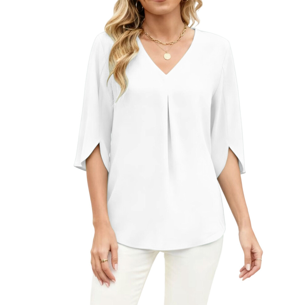White Summer Women's Chiffon Blouse With V-Neck, Casual And- Xl