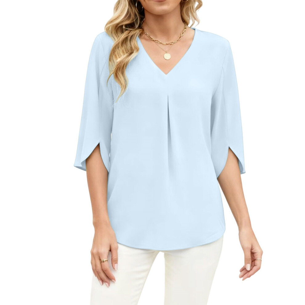 Light/Blue Summer Women's Chiffon Blouse With V-Neck, Casual- S
