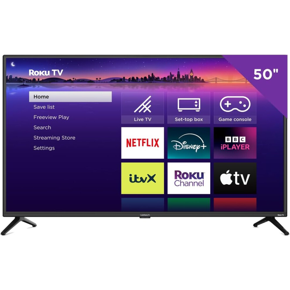 Veltech 50 Inch Smart Tv 4K Uhd Roku Tv With Freeview, Netflix 012654758909