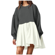 Women Sweatshirts Dress Oversized Long Sleeve Patchwork-Gray M