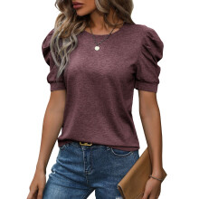 Puff Short Sleeve Sweater for Women Tops Trendy -Burgundy S