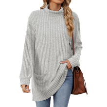 Women's turtleneck long-sleeved sweater, belted top,-Gray XXL