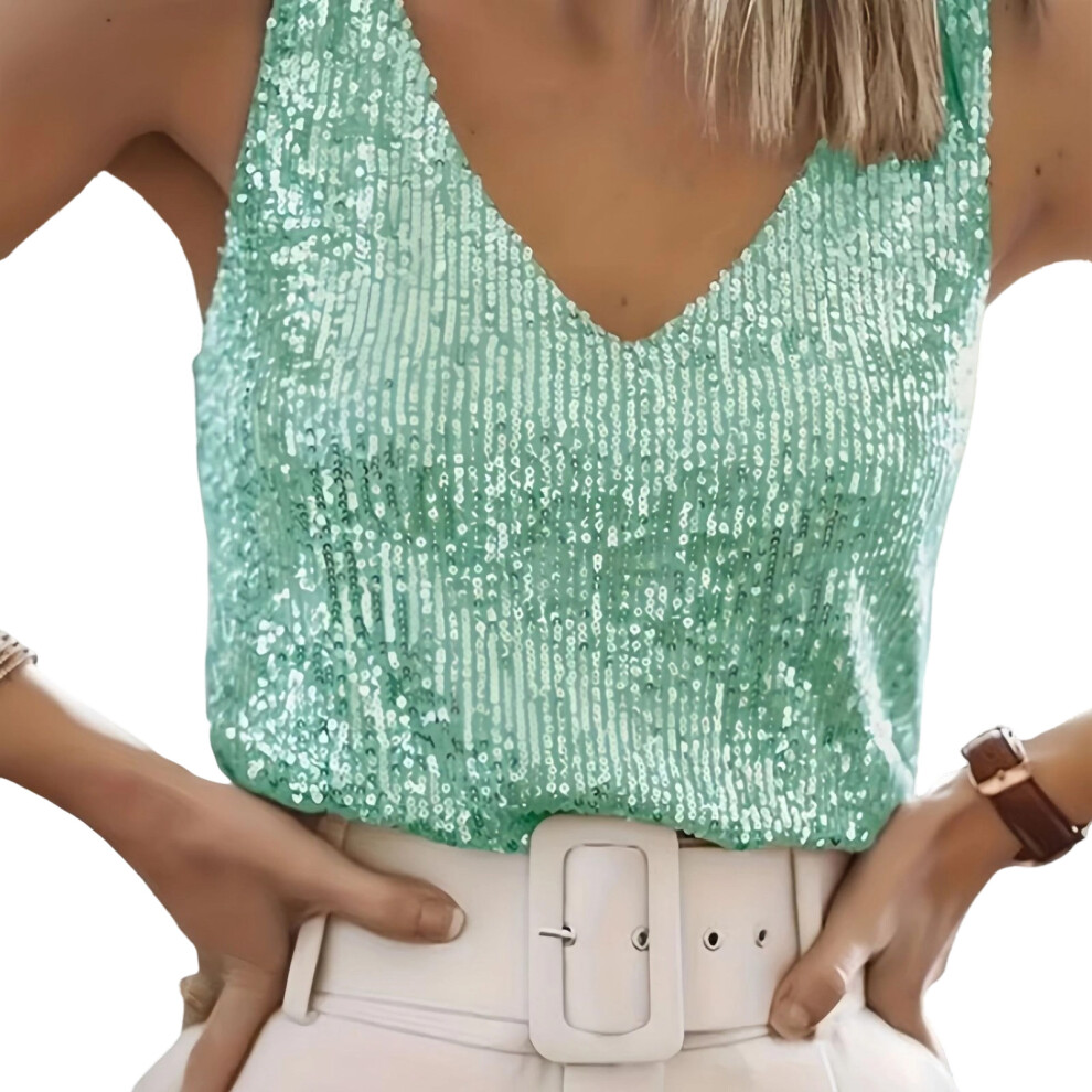 Green Women's Sleeveless Glitter Sequins Tank Tops- Xxxl