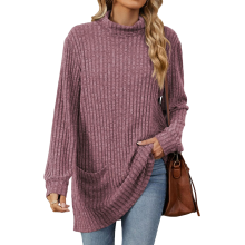 Women's turtleneck long-sleeved sweater, belted top,-Purple S
