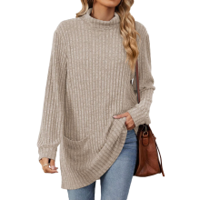 Women's turtleneck long-sleeved sweater, belted top,-Khaki M