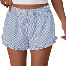 Women's Striped Wide Leg Ruffle Boxers Sleep Shorts with-Blue L