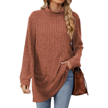 Women's turtleneck long-sleeved sweater, belted top,-Orange XXL