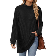 Women's turtleneck long-sleeved sweater, belted top,-Black XL