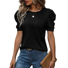 Puff Short Sleeve Sweater for Women Tops Trendy -Black M