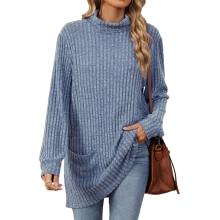 Women's turtleneck long-sleeved sweater, belted top,-Blue L