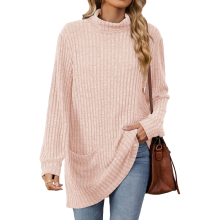 Women's turtleneck long-sleeved sweater, belted top,-Pink M