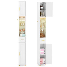 Mueble de baño alto con iluminación, estantes de cristal y cajón.