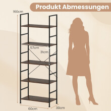 Boekenkast met 5 planken, 160 cm, rustiek bruin, metalen frame