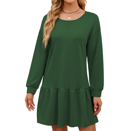 Women's Long-Sleeved Pullover Round Neck Patchwork-Green L
