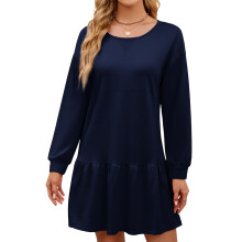Women's Long-Sleeved Pullover Round Neck Patchwork-Navy Blue S