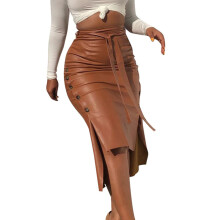 Women's high-waisted, belted leather pencil skirt with-cmel L