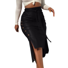 Women's high-waisted, belted leather pencil skirt-Black XXL