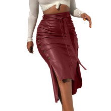 Women's high-waisted, belted leather pencil skirt-Burgundy XXL