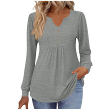New women's long-sleeved Henley shirt, elegant and-Gray XXL