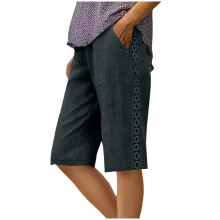 Womens Cotton Linen Long Shorts Knee Length Side-Dark Grey S