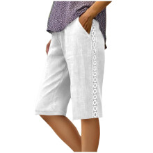 Womens Cotton Linen Long Shorts Knee Length Side-White M