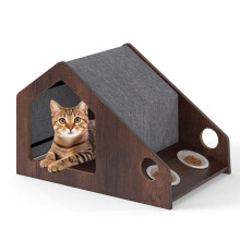 Casa de madera para gatos con comedero y techo desmontable