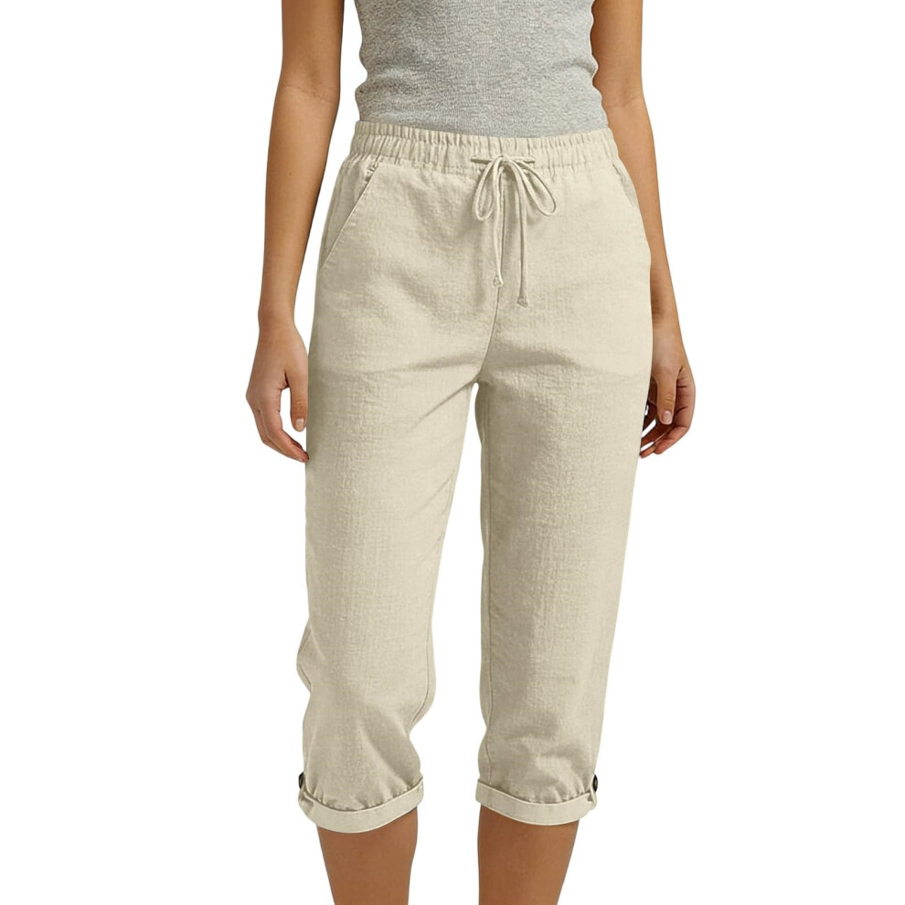Women's linen pants, pants, vacation pants, elastic-Khaki L