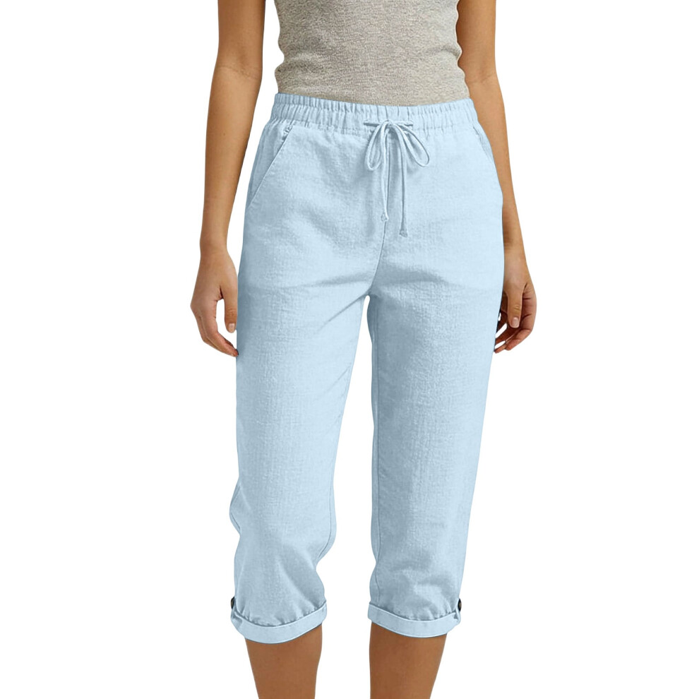Women's linen pants, pants, vacation pants, elastic-Sky Blue L