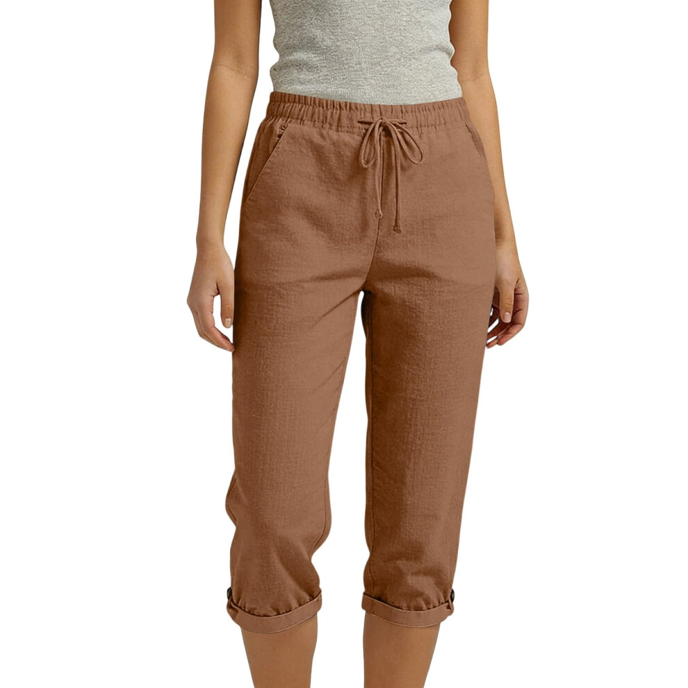 Women's linen pants, pants, vacation pants, elastic-Brown XXL
