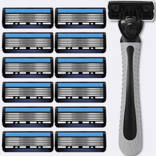 Premium 6-Layer Blade Manual Shaver Set - Universal 7-Layer Compatible Handle with 12 High-Precision Replacement Razor Refills