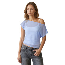 (S, Light Blue) Women's Off-Shoulder Tops Trendy Sheer Short Sleeve Shirts Blouses for Going out Streetwear