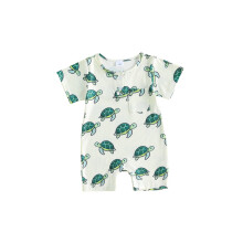 (6-12 Months, Green) Baby Boy Summer Romper Dinosaur/Turtle Print Short Sleeve Half Button-up Crewneck Jumpsuit