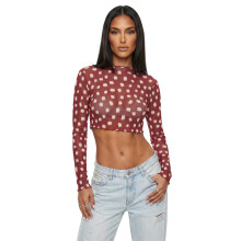 (L, Burgundy) Women's Sheer Crop Tops Mesh Slim Fit Casual Lettuce Trim Dot/Plaid/Floral Stylish Crew Neck Long Sleeve T-Shirt