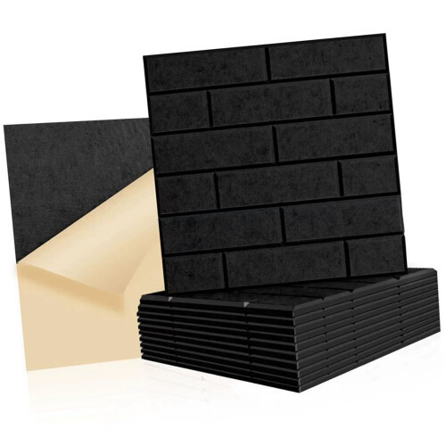 12Pcs Acoustic Wall Panels Brick Pattern Peels and Stick-Black