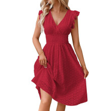Eyelet Dresses for Women V Neck Cap Sleeve Smocked Waist-Red L