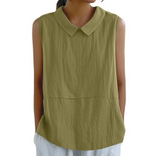 Cotton Linen  Shirts for Women  Sleeveless-Army Green L