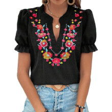Women's V-neck floral embroidered bubble-Black XXL