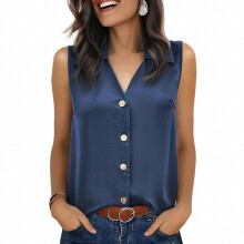 Women's Sleeveless V-Neck Button-Down Blouse-Dark blue S