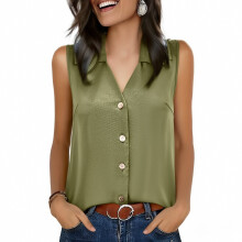 Women's Sleeveless V-Neck Button-Down Blouse-Army Green XXXL