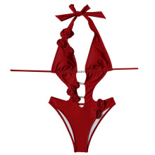 Damen-Badeanzug mit Blumenperlen, Neckholder, Monokini für-Rot S
