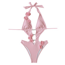 Women Flower Pearls Piece Swimsuit Backless Plunging V-Pink L