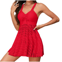 Women's Lace Swim Dress with Bottom Swimsuit Two Piece-Red M