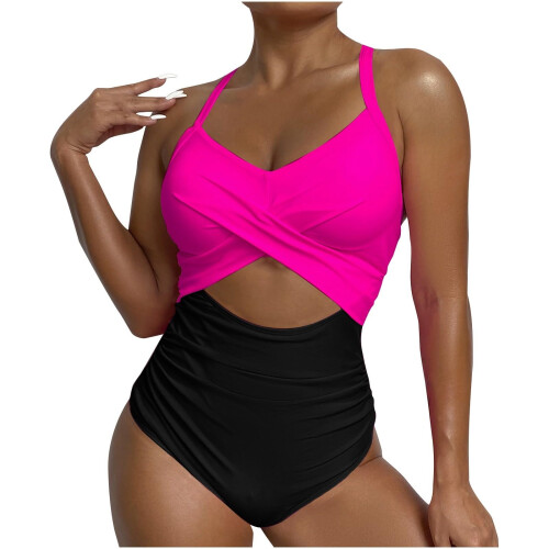 Women's blocked  cutout strap swimsuit-Beige M