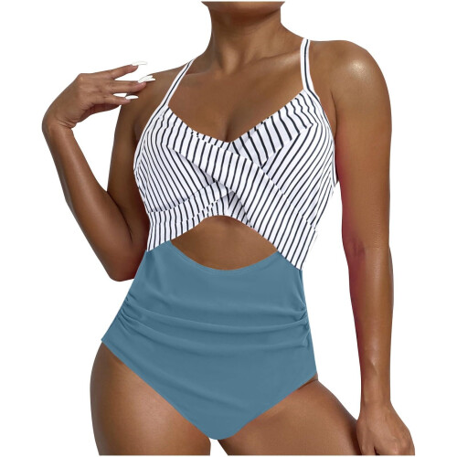 Women's blocked  cutout strap swimsuit-Blue M