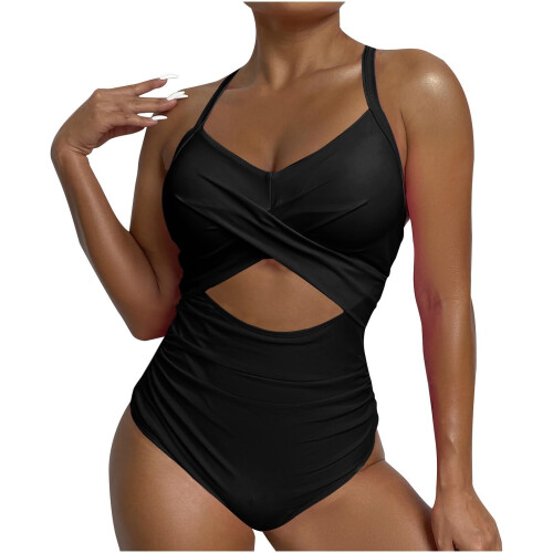 Women's blocked  cutout strap swimsuit-Black L