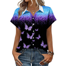 Women's Button-Down Shirts, Short Sleeve, V-Neck,-Royal Blue M
