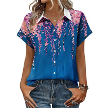 Women's Button-Down Shirts, Short Sleeve, V-Neck,-Sky Blue XL