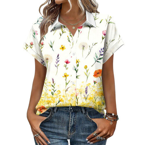 Women's Button-Down Shirts, Short Sleeve, V-Neck,-Yellow M